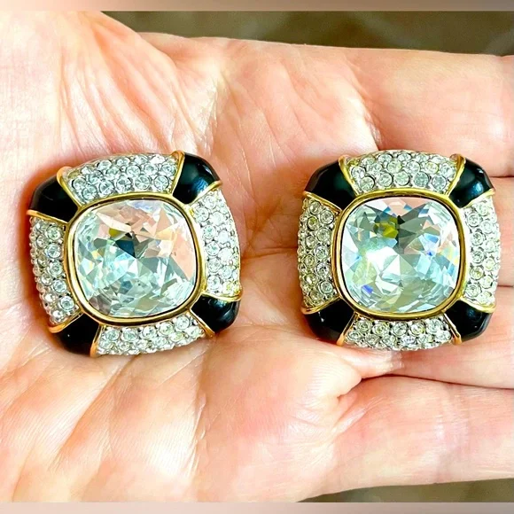 Swarovski Large Gold Plate Clip on Earrings Blk Enamel, Clear Crystal - Picture 5 of 8